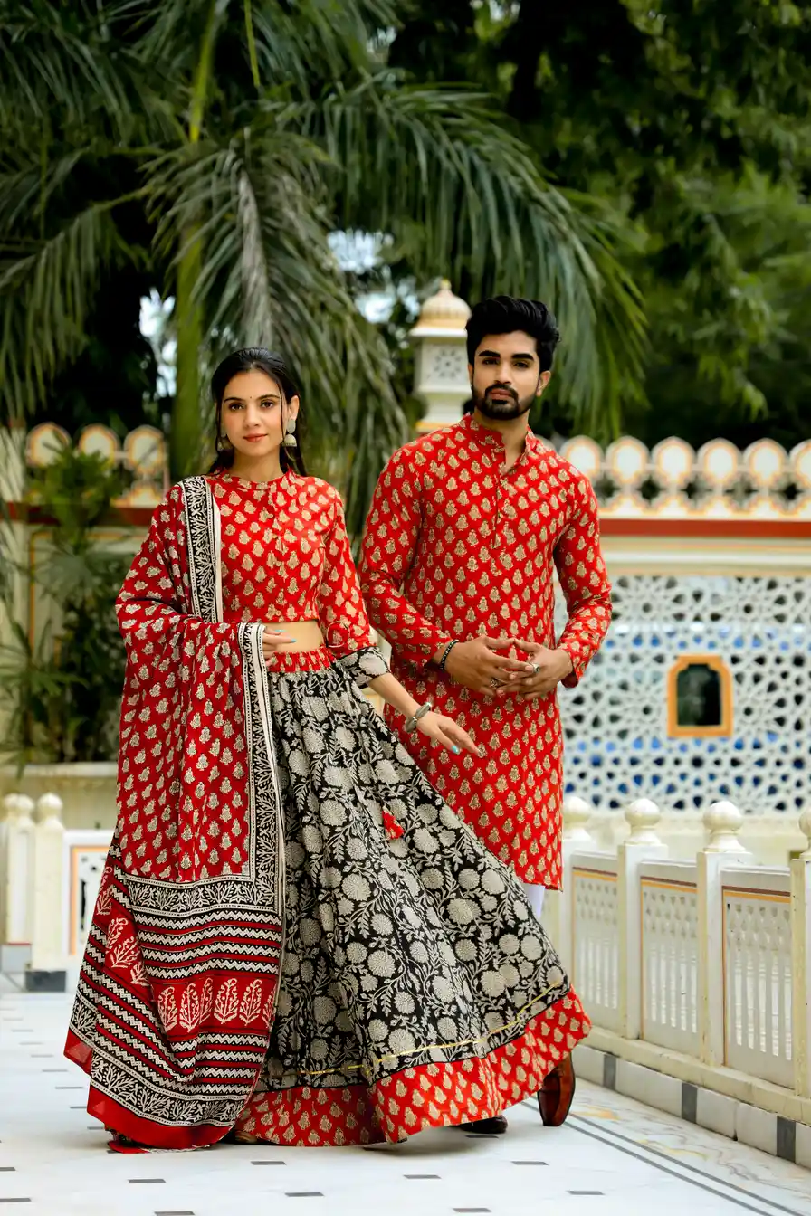 Red & Black Bagru Print Cotton Couple Lehanga Choli