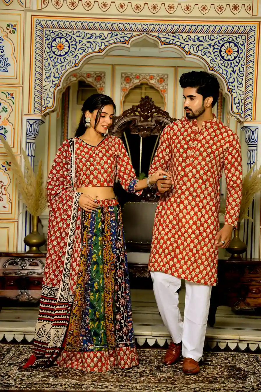 Red & MultiColour Bagru Print Cotton Couple Lehanga Choli