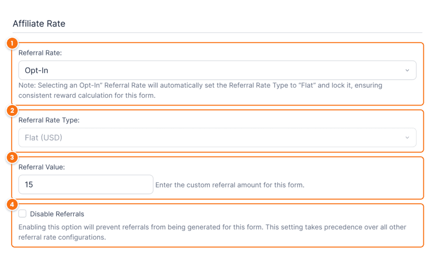 Affiliate Rate section in the Formidable Forms form settings with Referral Rate set to Opt-In, Referral Rate Type set to Flat (USD), Referral Value 15 and the Disable Referrals checkbox