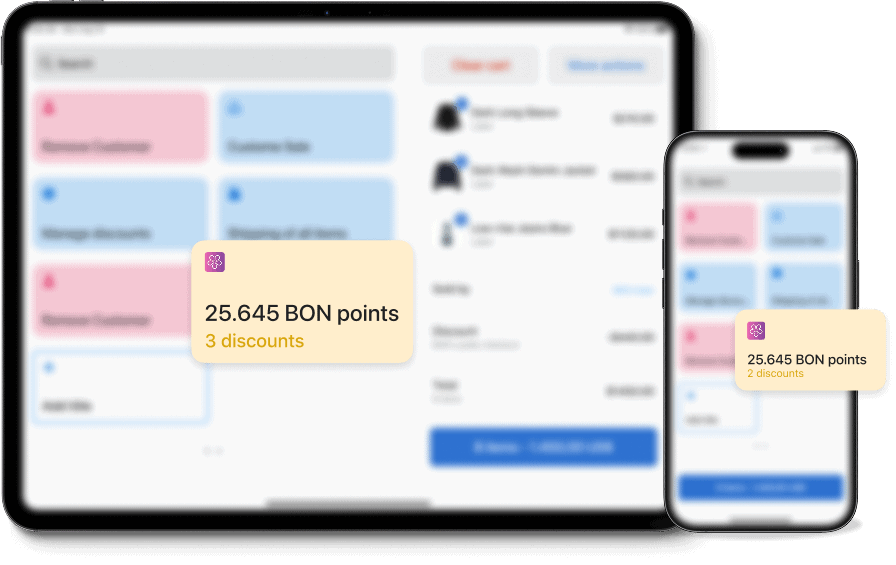 Shopify POS interface showing BON Loyalty points and discounts on desktop and mobile devices