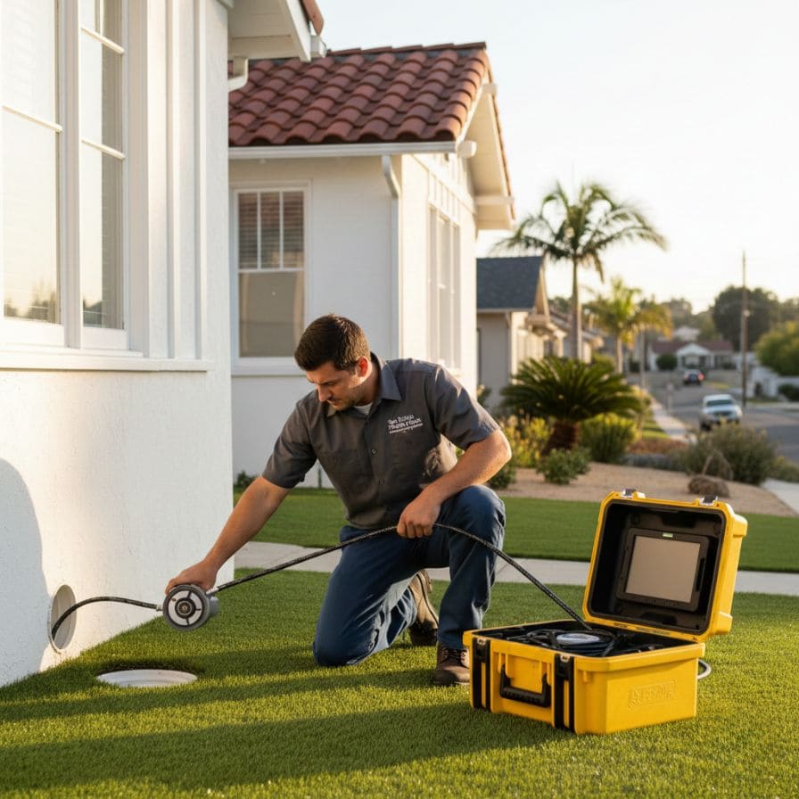 plumber kneeling down doing a sewerline camera scope