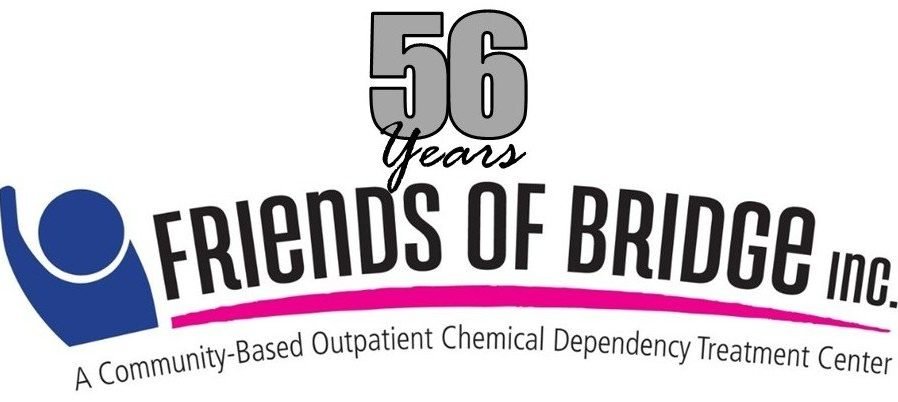 Logo for Friends of Bridge Inc., celebrating 56 years, with a blue abstract figure and a pink curved line; tagline reads 'A Community-Based Outpatient Chemical Dependency Treatment Center'