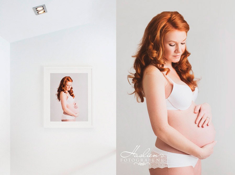 Gravidfotografering av gravid kvinne med rødt hår, undertøy i hvitt, fotografering i mykt naturlig lys, stilfull og elegant gravidalfotografering, profesjonell gravidfotograf i Norge.
