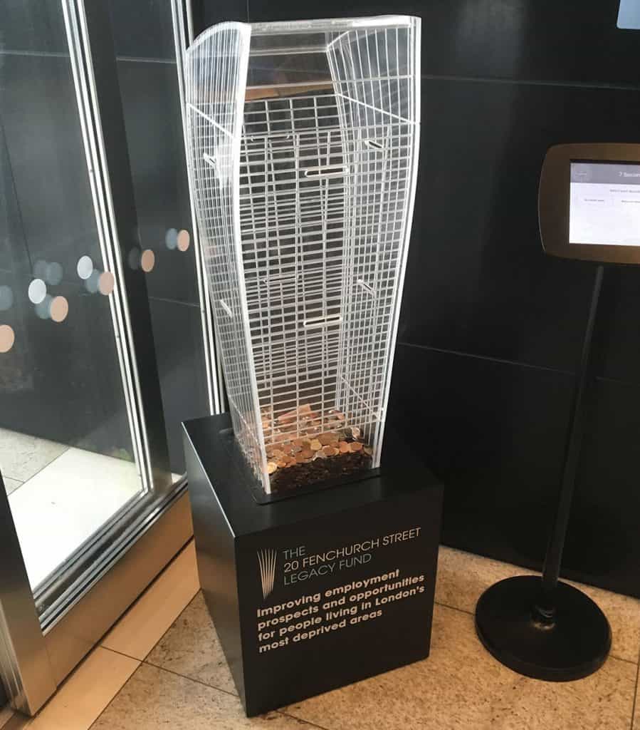 Charity box designed for 20 Fenchurch Street Office, which reflects the design of the building
