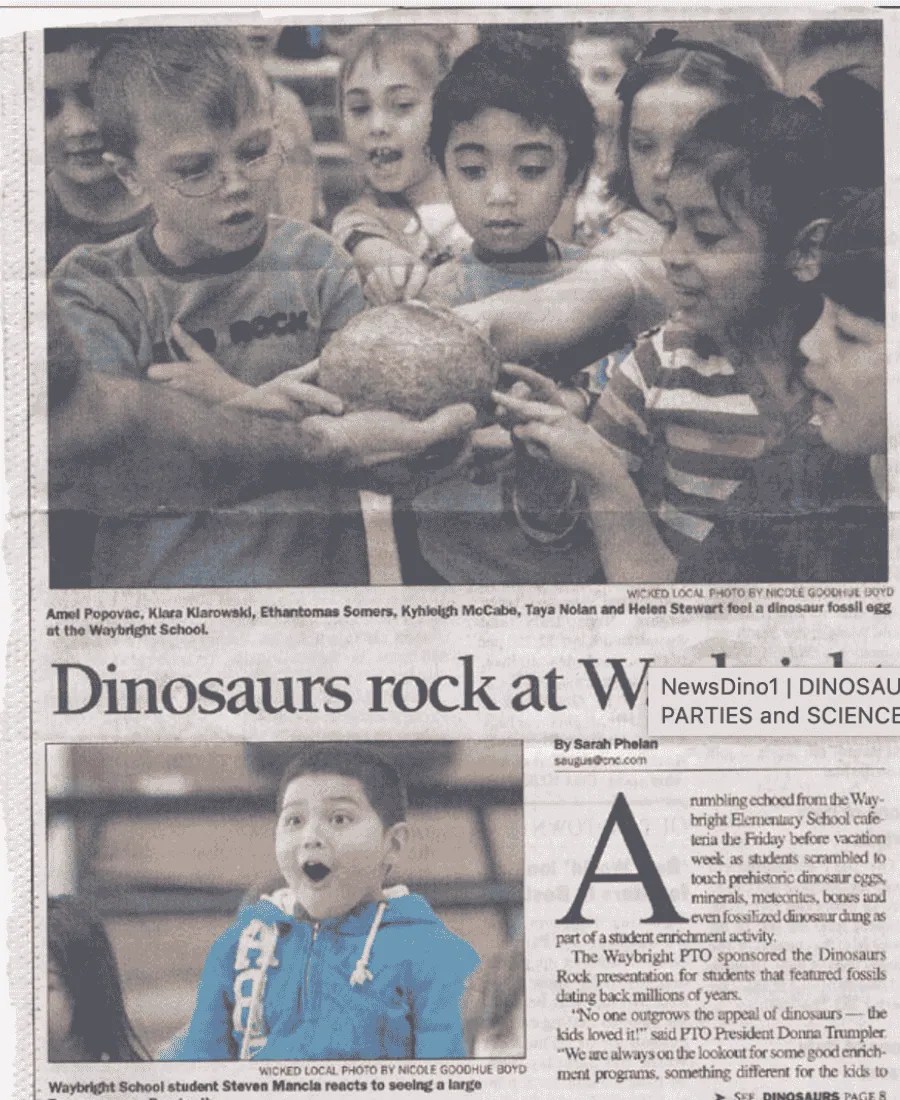 Your Students Will Be Amazed At The Dinosaurs Rock School Assembly Newspapaer article photo of students touching a real fossil dinosaur egg