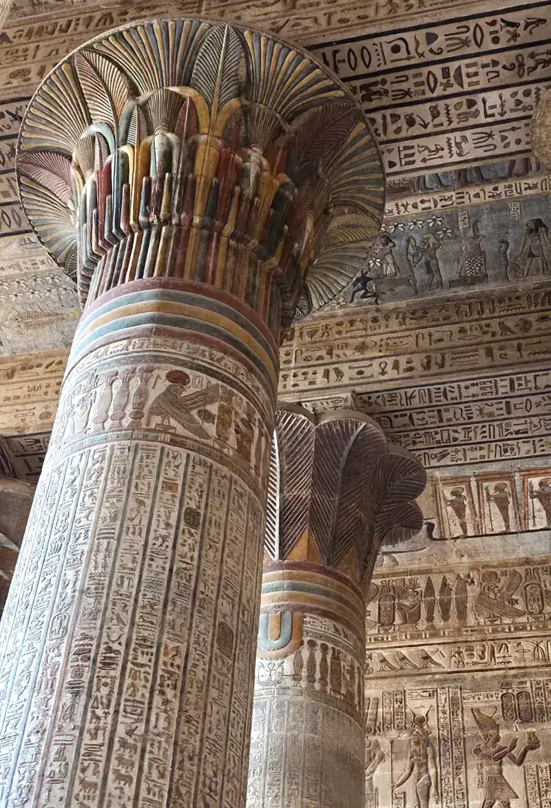 Twenty-four decorated columns inside the hypostyle hall of the Temple of Esna