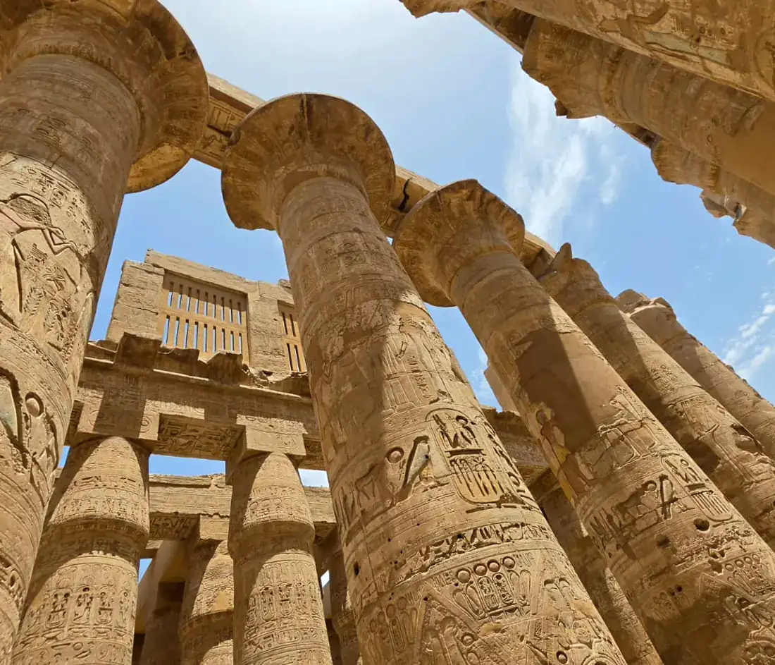 The 134 columns inside the Great Hypostyle Hall at Karnak Temple in Luxor