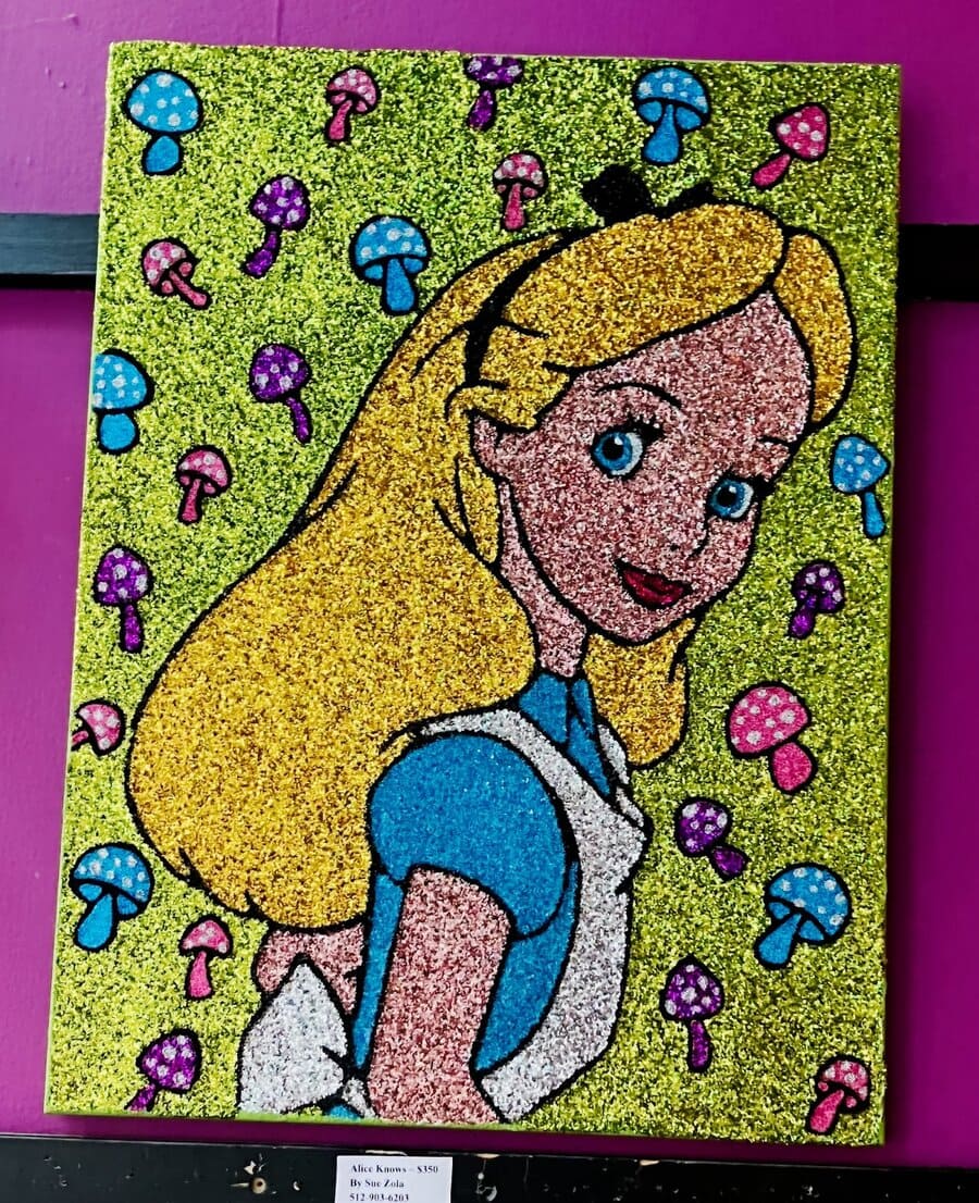 Glitter portrait of Alice from Wonderland surrounded by bright mushrooms on a neon green background
