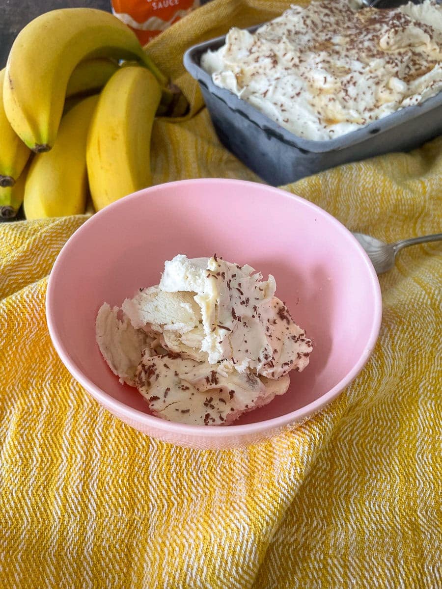 bowl of banoffee ice cream, bananas and ice cream tin in the background.