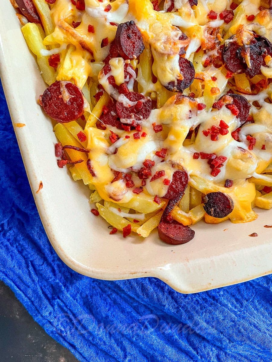 Bowl of fries topped with cheese sauce, chorizo, red onion and melted cheese.