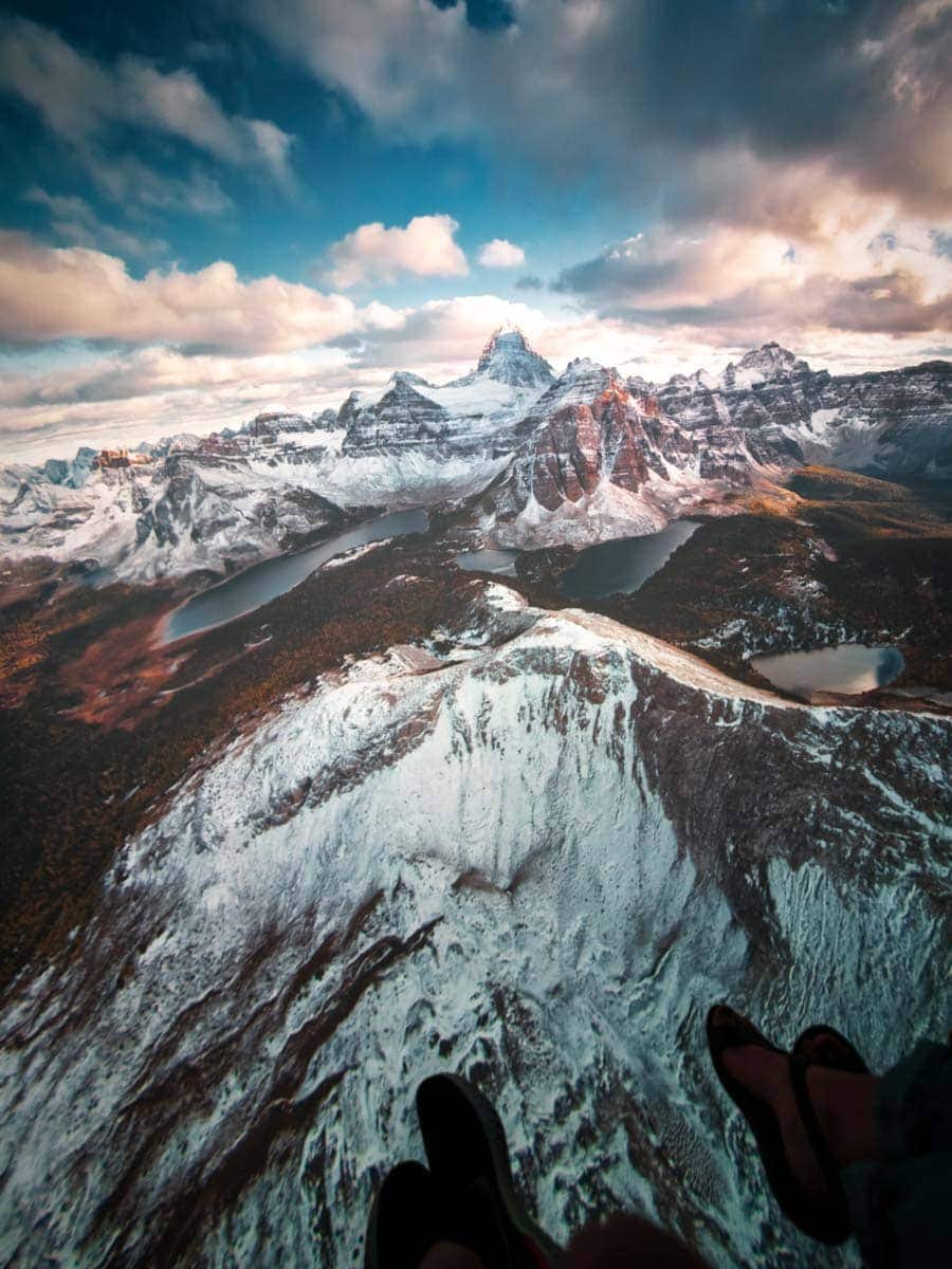 The Canadian Rockies shot with a helicopter camera, but watching through the Flyover Las Vegas show.