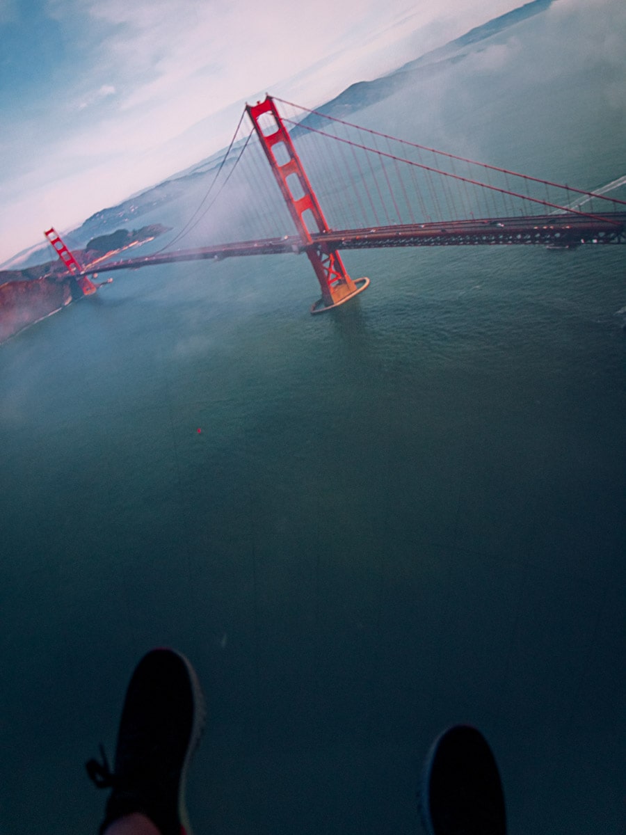 The Golden Gate Bridge in San Francisco taken by a helicopter but shown at the Flyover Las Vegas ride.