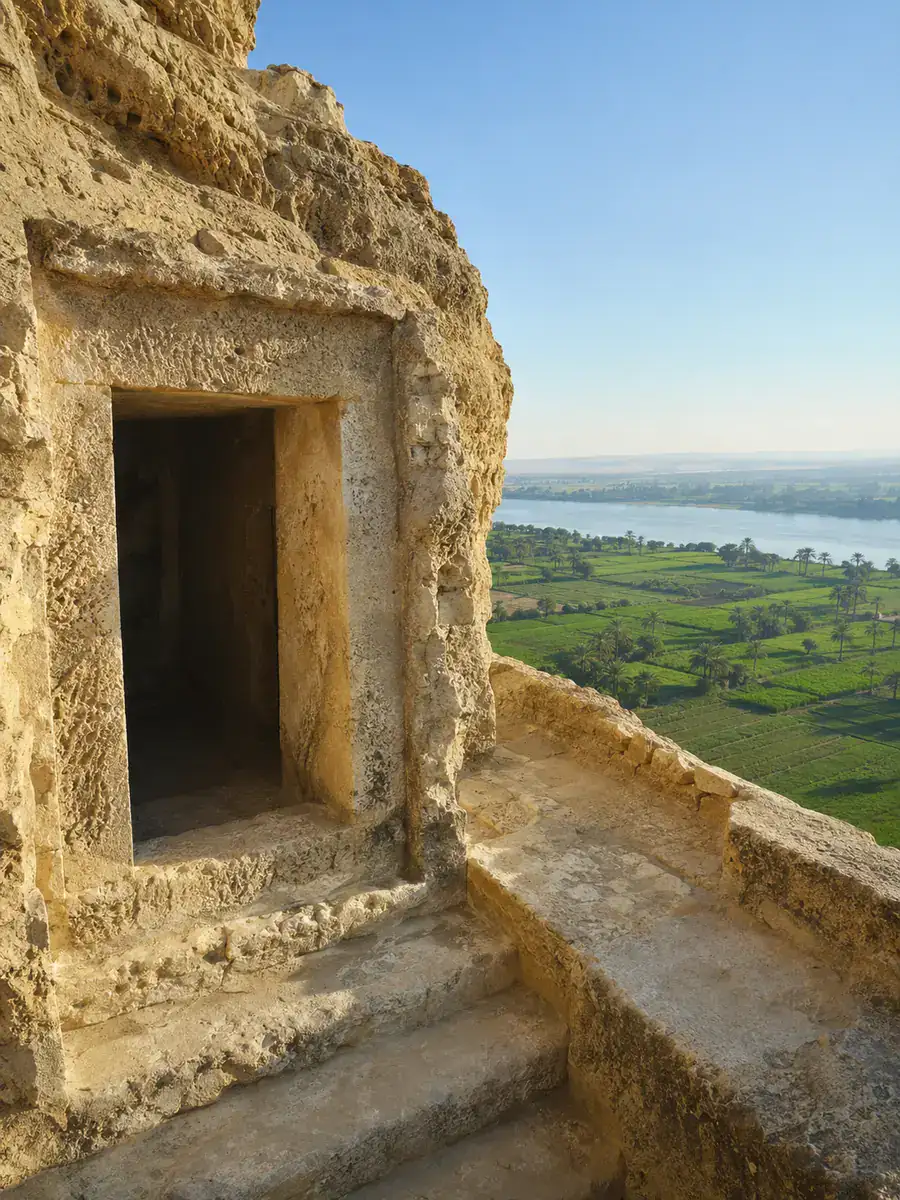 Beni Hassan Tombs entrance above the Nile Valley near Minya