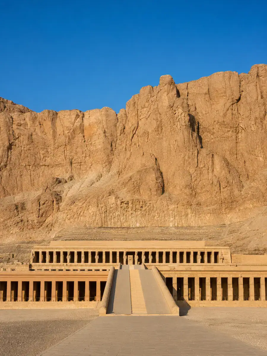 Terraces and central ramp of Hatshepsut Temple beneath the cliffs