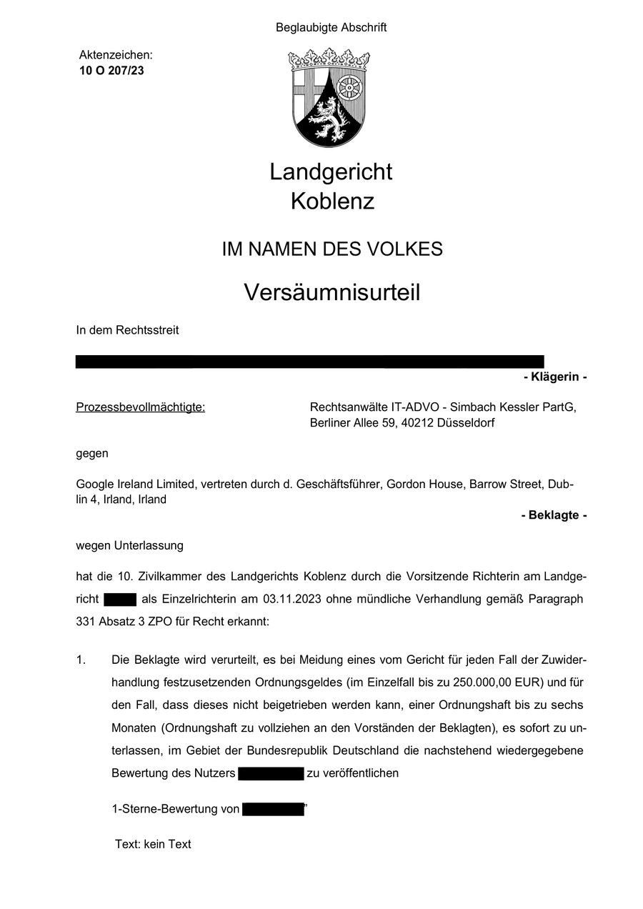 Versäumnisurteil des Landgerichts Koblenz gegen Google Ireland Limited, Az. 10 O 207/23, Seite 1 (anonymisierte Fassung)