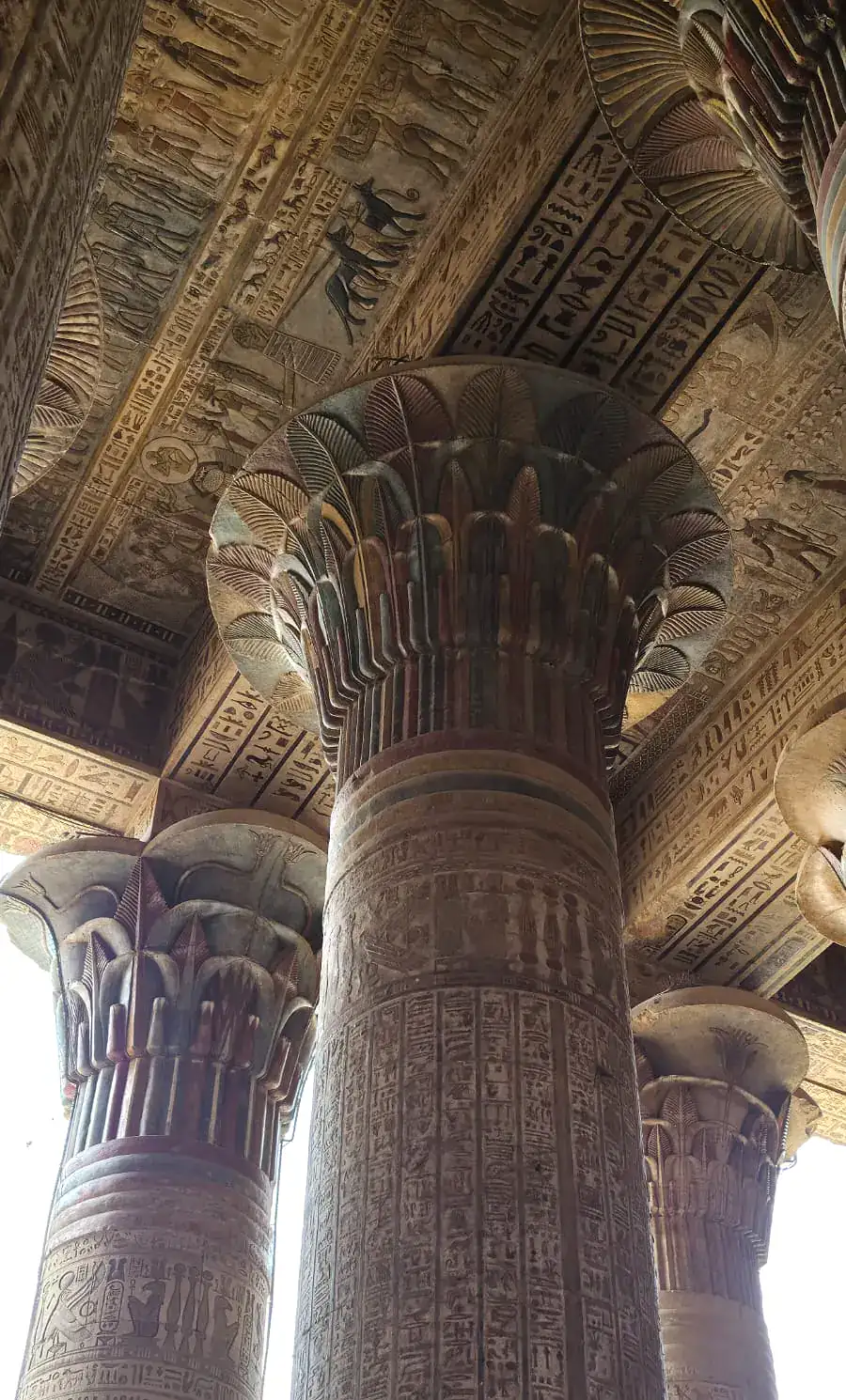 Decorated floral column capitals inside the Temple of Esna