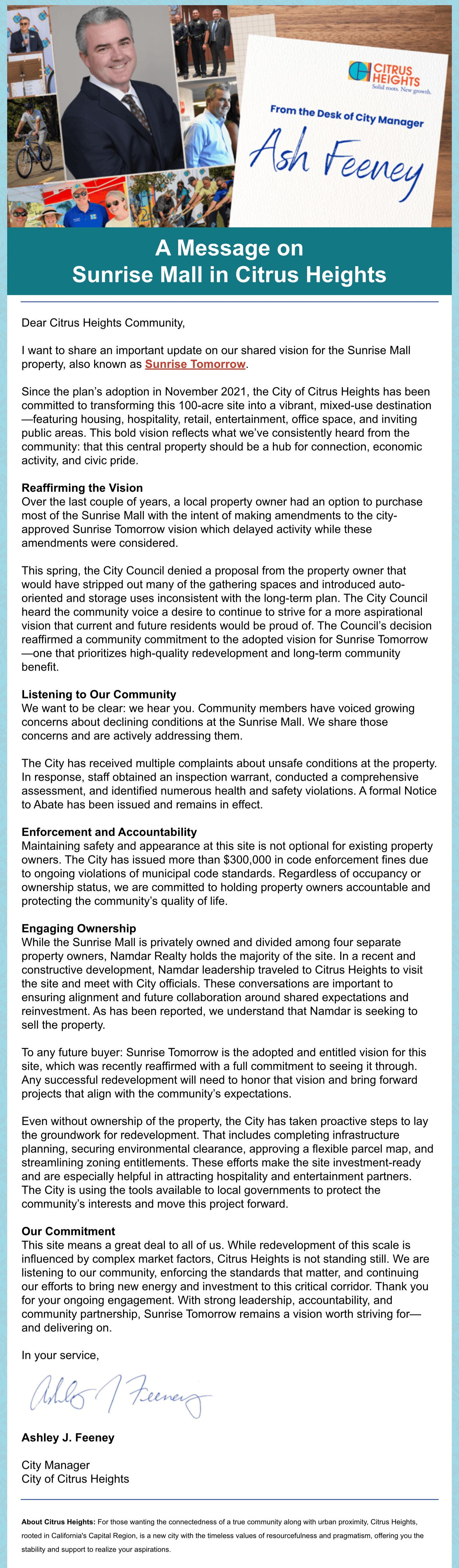 A Message From City Manager Ash Feeney
