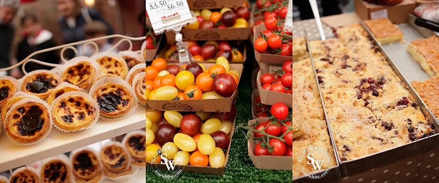 A range of food available at the Wimbledon Village Farmers' Market including Portuguese tarts, tomatoes and cake.