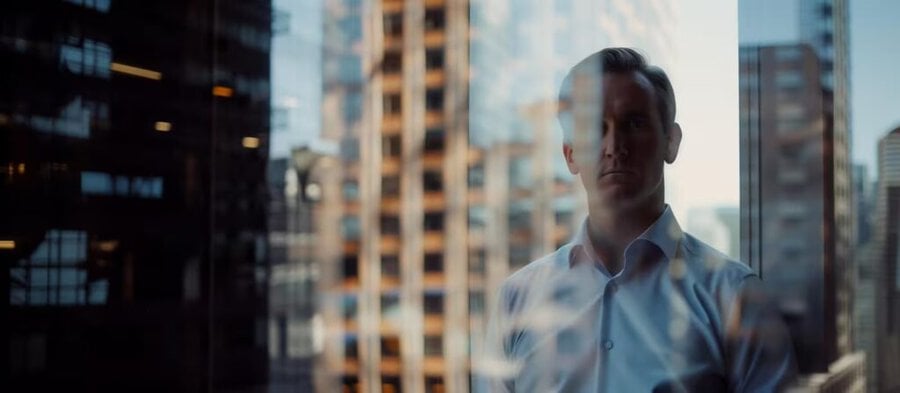 Executive with determination viewing the city skyline, symbolizing strategic focus.Real Estate Investment Strategy