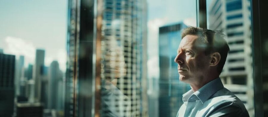 Executive viewing global strategic opportunities from a modern skyscraper.