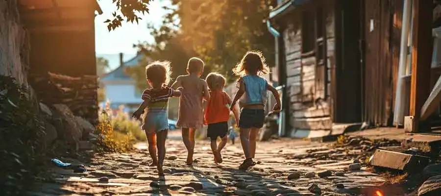 kids running in a small town
