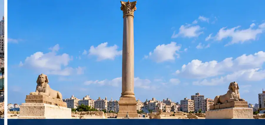 Pompey’s Pillar and sphinx statues in Alexandria