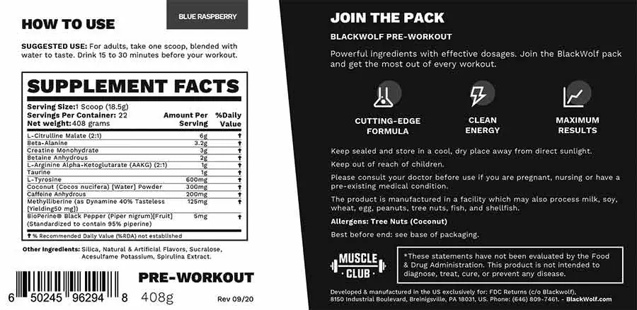 Blackwolf Pre Workout Supplement Facts