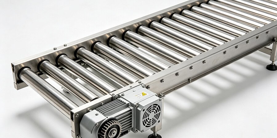 Motorized stainless steel roller conveyor system on a packaging line by SunAura Machinery