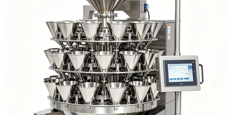 18-head combination multihead weigher with 3-tier hopper structure by SunAura Machinery