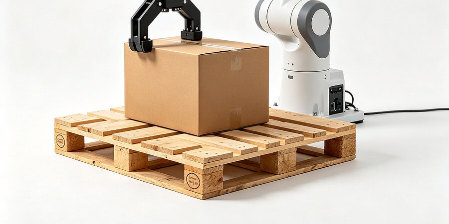 Automated robotic palletizing system stacking cartons onto a wooden pallet by SunAura Machinery