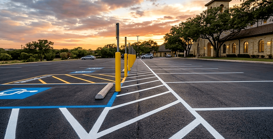 Freshly striped commercial parking lot with designated EV charging stall areas