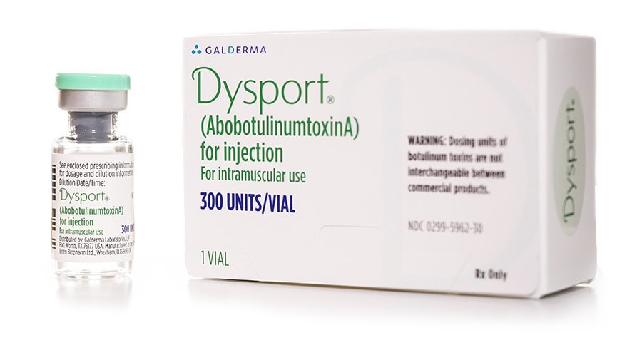 Dysport injectable vial and product box by Galderma, 300 units for wrinkle treatment