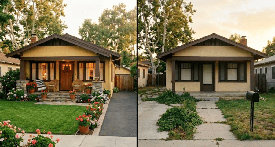 A side-by-side comparison of the same craftsman-style bungalow. The left side shows an owner-occupied home with a lush green lawn, vibrant flower beds, porch furniture, and warm interior lighting. The right side shows the same home as a vacant property with a brown, weed-choked lawn, overgrown walkways, and dark, shuttered windows