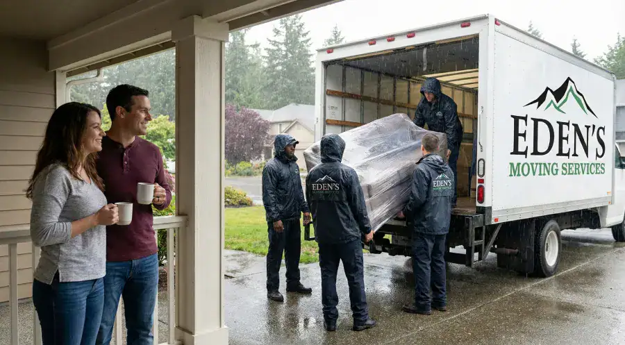 Relieved homeowners in Denver enjoy coffee on their porch while professional movers from Eden's Moving Services efficiently handle a rainy day move in the background, showcasing the value of hiring a reputable moving company.