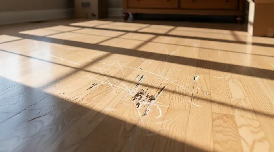 Close-up of scratched hardwood floor from dragging heavy furniture during a move, with boxes and a dresser in the background.