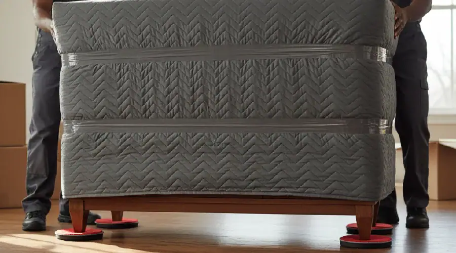 Two movers in Denver use furniture sliders to maneuver a padded sofa, protecting hardwood floors and making tight-space navigation safer.