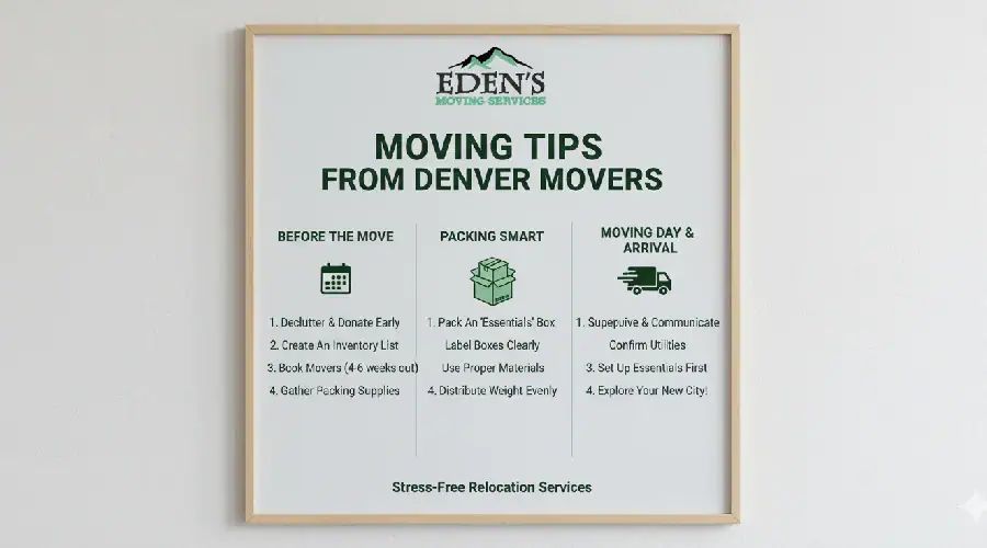 Denver professional movers packing boxes and moving furniture while a calm homeowner watches—showing how moving services reduce moving-day stress.