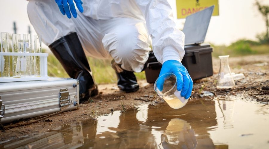 Close up the hand of Scientist in a protective suit and mask took a sample of water for analysis. Environment Issue concept