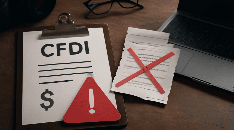 Imagen de un escritorio con un documento CFDI, un signo de advertencia rojo, una factura rasgada marcada con una "X" roja y una laptop con el logo del SAT, todo en un ambiente profesional y organizado con iluminación suave.