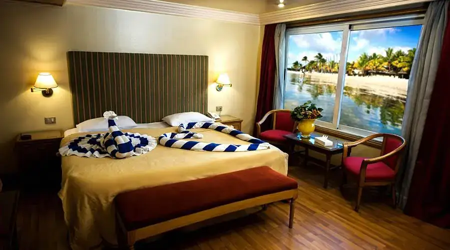 Guest cabin with large window overlooking the Nile
