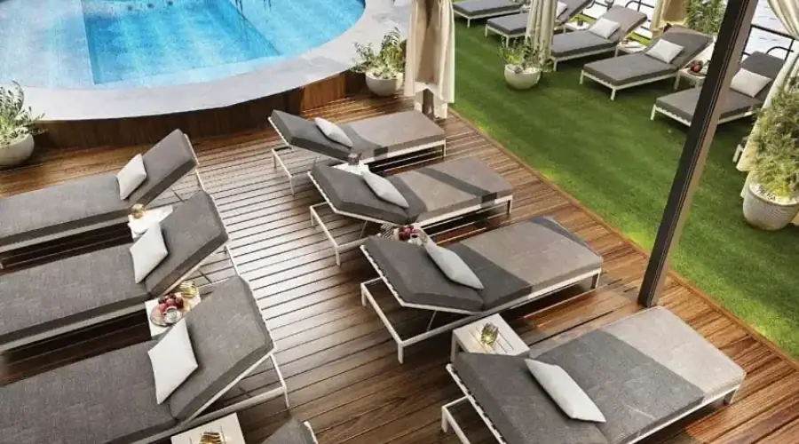 Sun deck swimming pool with panoramic Nile views