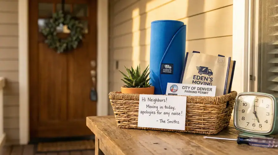 Thoughtful welcome basket on a Denver porch featuring a City of Denver parking permit, floor protection, and a handwritten note to neighbors, illustrating expert tips for a considerate and smooth move with Eden's Moving Services.
