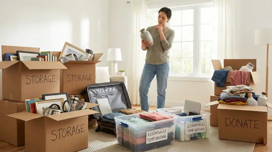 Homeowner separating essentials from storage items during a temporary move in Denver, CO 80206, sorting belongings into clearly labeled bins and boxes.