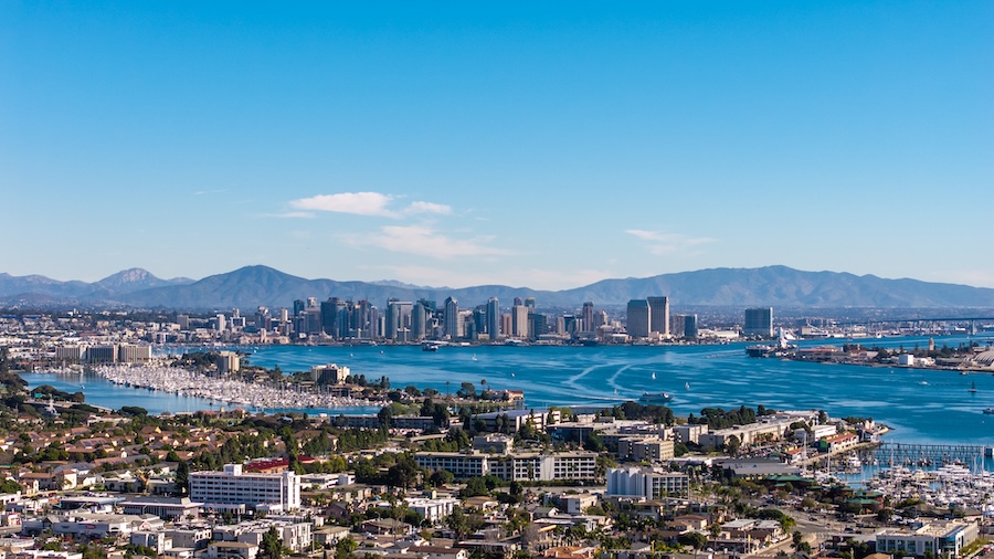 San Diego skyline and bay view with downtown buildings, marina, and waterfront homes