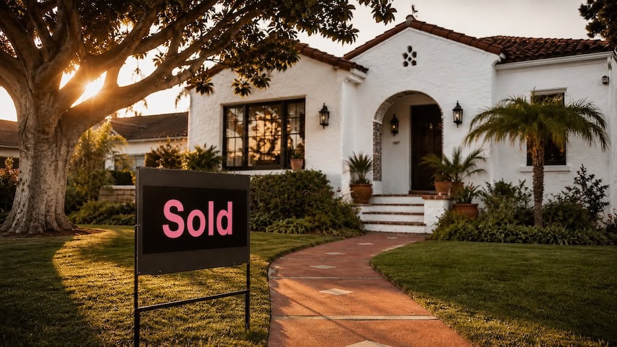 Sold sign in front of a white 1920s Spanish Revival home in North Park San Diego at golden hour