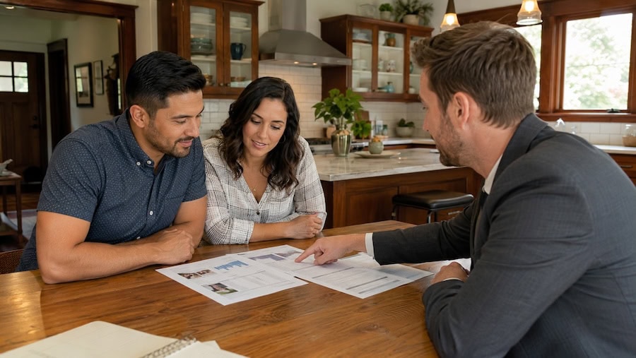 Real estate agent reviewing home value CMA documents with North Park homeowners in a craftsman bungalow kitchen