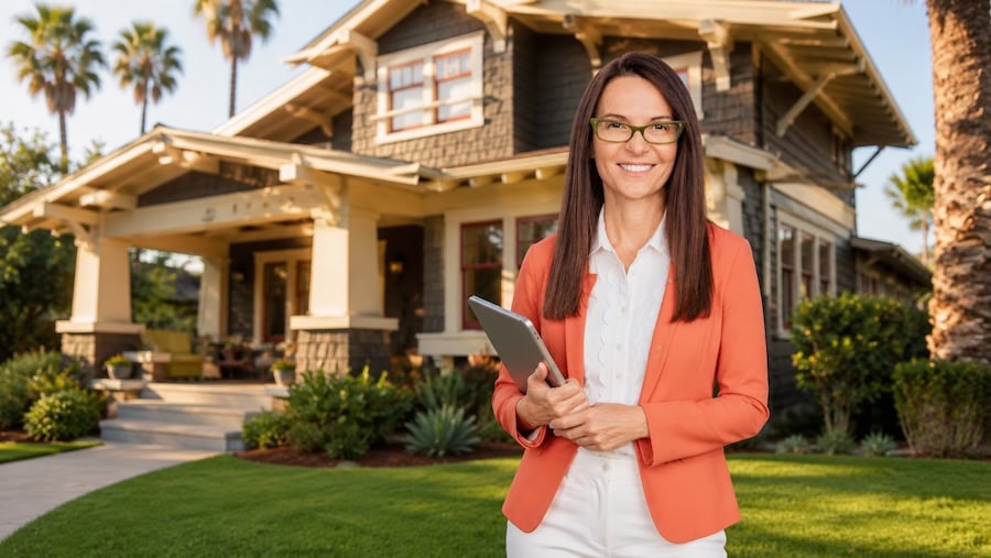 North Park San Diego real estate agent standing in front of restored Craftsman bungalow at golden hour