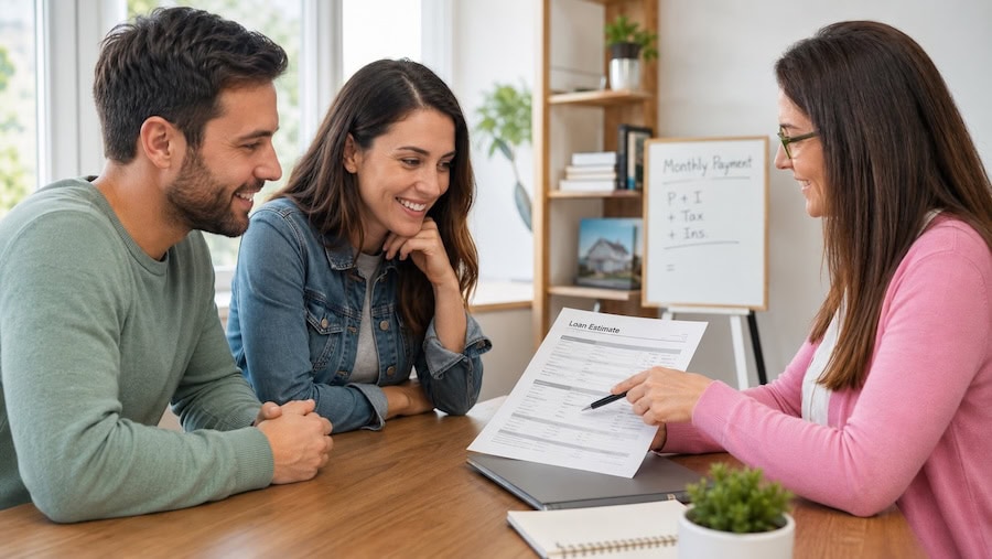 North Park real estate agent reviewing loan estimate with young homebuyer couple in modern office