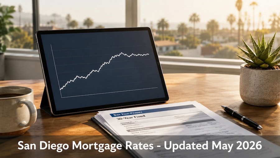 Modern desk with mortgage rate chart and 30-year fixed loan estimate in warm morning light.