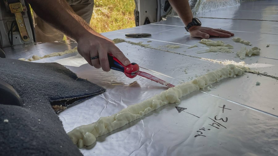 campervan floor insulation, polyiso van floor insulation, Great Stuff Expanding Foam, van conversion
